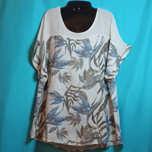 LUNGO L'ARNO Linen Top With Leaves Pattern and High/ Low Bottom. Size 1X - Picture 1 of 15